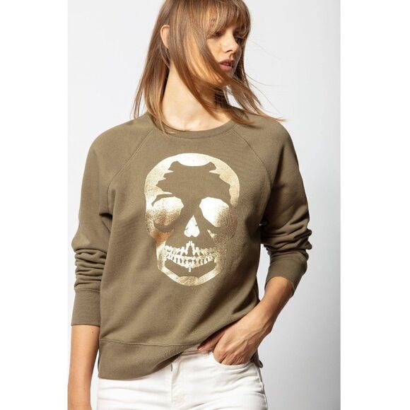 Zadig & Voltaire Metallic Gold Foiled Skull Fleece Sweatshirt Green Women's S - Picture 1 of 7